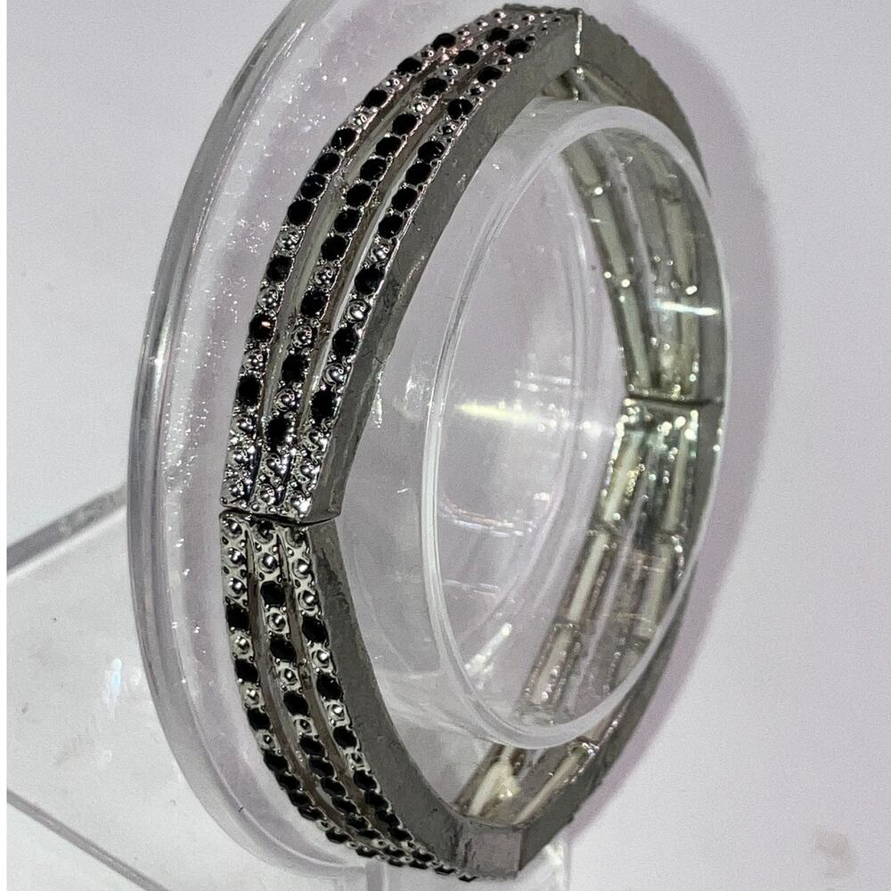 Black Beaded Silver-Tone Stretchy 2.5" Bracelet!